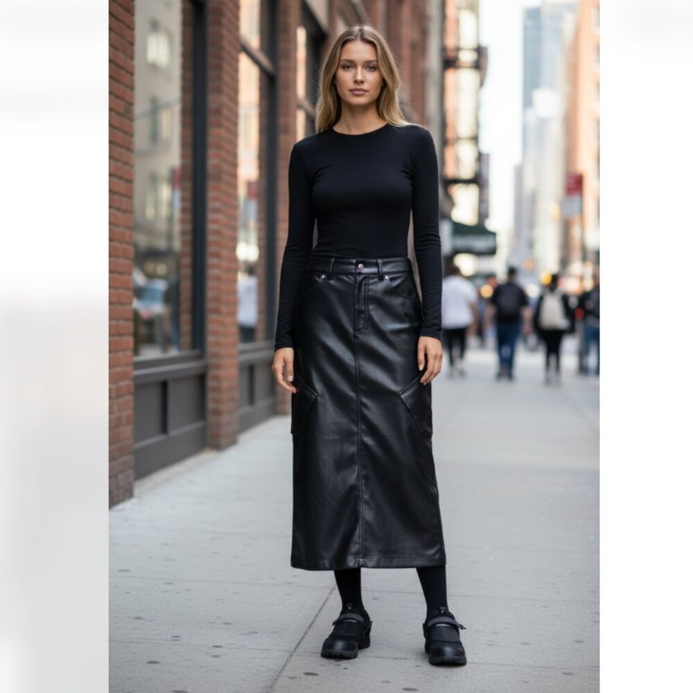 NWT JORDAN Faux Leather Midi Cargo Skirt Black Pockets